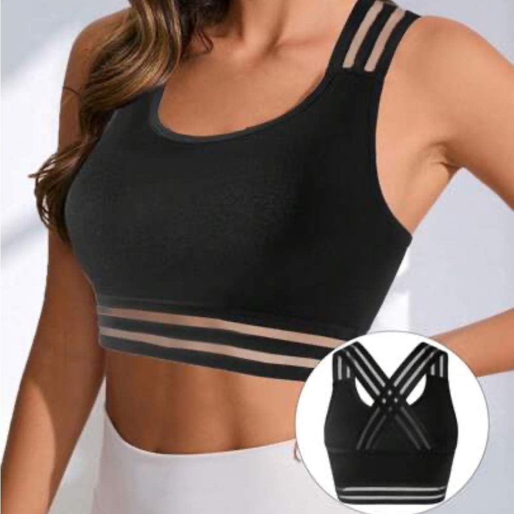 Shein Black Sports Bra with Mesh Striped Straps